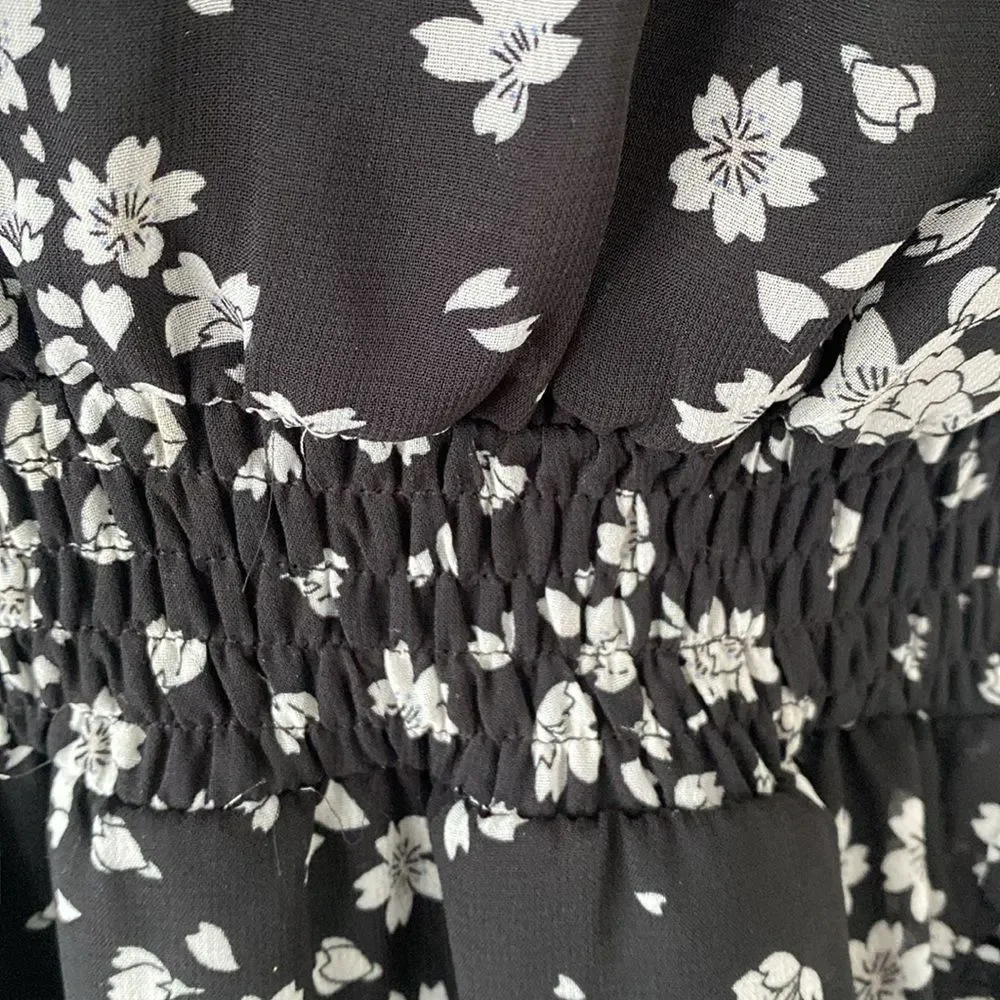 Lulus Floral Black White Ruffled Flounce Midi Dress sz M Sheer Romantic Girly - Picture 9 of 15